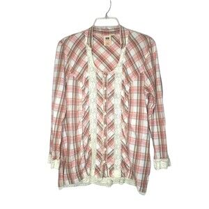 Faded Glory Top L Pink Plaid Lace Long Sleeve Prairie Cottage Core Button Down
